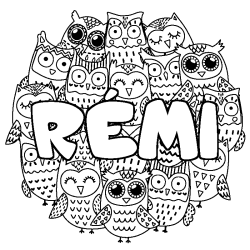 Coloriage pr&eacute;nom R&Eacute;MI - d&eacute;cor Chouettes