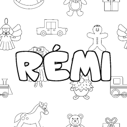 Coloriage prénom RÉMI - décor Jouets