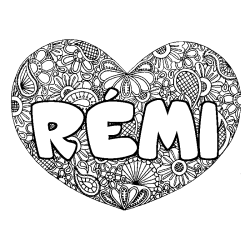 Coloriage pr&eacute;nom R&Eacute;MI - d&eacute;cor Mandala coeur