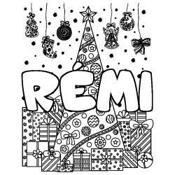Coloriage pr&eacute;nom R&Eacute;MI - d&eacute;cor Sapin et Cadeaux