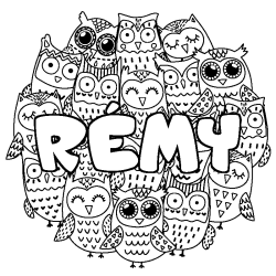 Coloriage pr&eacute;nom R&Eacute;MY - d&eacute;cor Chouettes