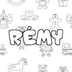 Coloriage pr&eacute;nom R&Eacute;MY - d&eacute;cor Jouets