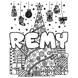 Coloriage pr&eacute;nom R&Eacute;MY - d&eacute;cor Sapin et Cadeaux