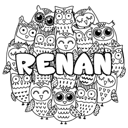 Coloriage pr&eacute;nom RENAN - d&eacute;cor Chouettes