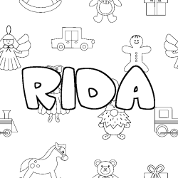 Coloriage prénom RIDA - décor Jouets