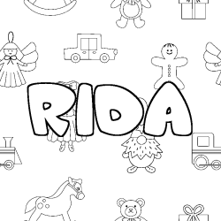 Coloriage pr&eacute;nom RIDA - d&eacute;cor Jouets