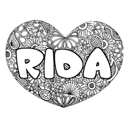Coloriage pr&eacute;nom RIDA - d&eacute;cor Mandala coeur