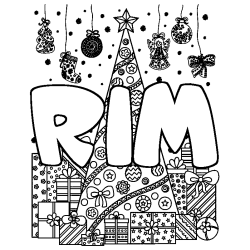Coloriage pr&eacute;nom RIM - d&eacute;cor Sapin et Cadeaux
