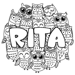 Coloriage pr&eacute;nom RITA - d&eacute;cor Chouettes