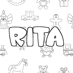 Coloriage pr&eacute;nom RITA - d&eacute;cor Jouets