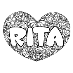 Coloriage pr&eacute;nom RITA - d&eacute;cor Mandala coeur