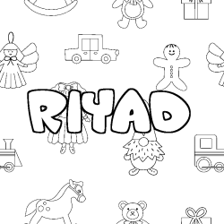 Coloriage pr&eacute;nom RIYAD - d&eacute;cor Jouets