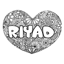 Coloriage pr&eacute;nom RIYAD - d&eacute;cor Mandala coeur