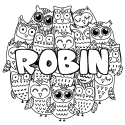 Coloriage prénom ROBIN - décor Chouettes