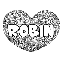 Coloriage prénom ROBIN - décor Mandala coeur