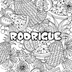 Coloriage prénom RODRIGUE - décor Mandala fruits