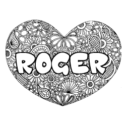 Coloriage pr&eacute;nom ROGER - d&eacute;cor Mandala coeur