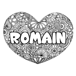 Coloriage prénom ROMAIN - décor Mandala coeur
