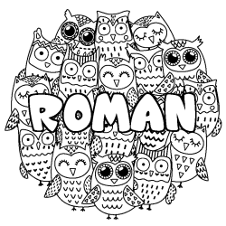 Coloriage prénom ROMAN - décor Chouettes