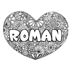 Coloriage prénom ROMAN - décor Mandala coeur