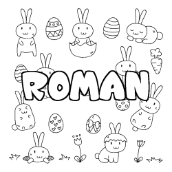 Coloriage pr&eacute;nom ROMAN - d&eacute;cor Paques