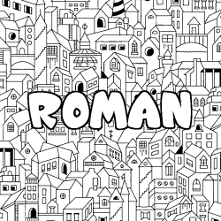 Coloriage prénom ROMAN - décor Ville