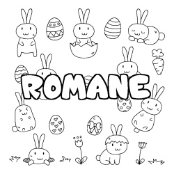 Coloriage prénom ROMANE - décor Paques