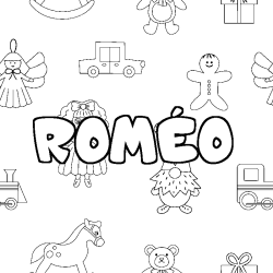 Coloriage pr&eacute;nom ROM&Eacute;O - d&eacute;cor Jouets