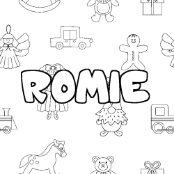 Coloriage pr&eacute;nom ROMIE - d&eacute;cor Jouets