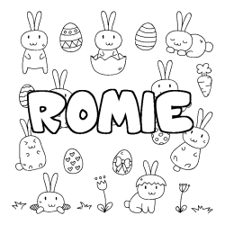Coloriage pr&eacute;nom ROMIE - d&eacute;cor Paques