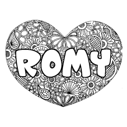Coloriage pr&eacute;nom ROMY - d&eacute;cor Mandala coeur