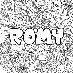 Coloriage pr&eacute;nom ROMY - d&eacute;cor Mandala fruits