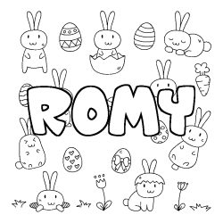 Coloriage pr&eacute;nom ROMY - d&eacute;cor Paques
