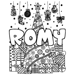 Coloriage prénom ROMY - décor Sapin et Cadeaux