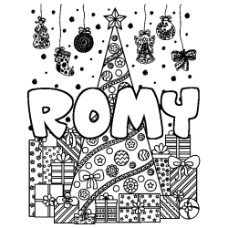 Coloriage pr&eacute;nom ROMY - d&eacute;cor Sapin et Cadeaux