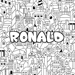 Coloriage pr&eacute;nom RONALD - d&eacute;cor Ville