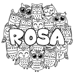 Coloriage pr&eacute;nom ROSA - d&eacute;cor Chouettes