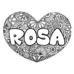 Coloriage pr&eacute;nom ROSA - d&eacute;cor Mandala coeur