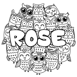 Coloriage prénom ROSE - décor Chouettes
