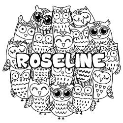 Coloriage prénom ROSELINE - décor Chouettes