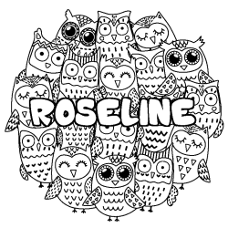 Coloriage pr&eacute;nom ROSELINE - d&eacute;cor Chouettes