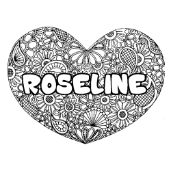 Coloriage pr&eacute;nom ROSELINE - d&eacute;cor Mandala coeur