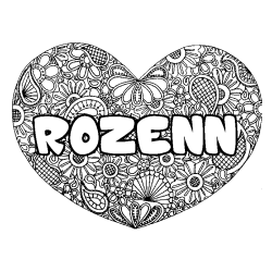 Coloriage pr&eacute;nom ROZENN - d&eacute;cor Mandala coeur