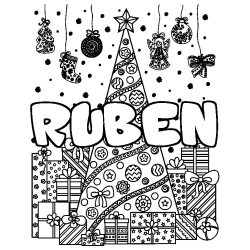 Coloriage prénom RUBEN - décor Sapin et Cadeaux
