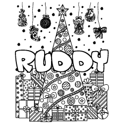 Coloriage prénom RUDDY - décor Sapin et Cadeaux