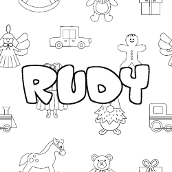 Coloriage prénom RUDY - décor Jouets