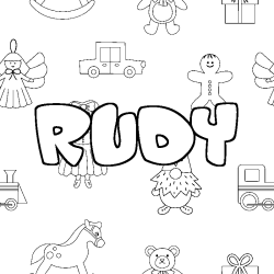Coloriage pr&eacute;nom RUDY - d&eacute;cor Jouets