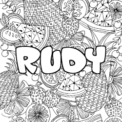 Coloriage pr&eacute;nom RUDY - d&eacute;cor Mandala fruits