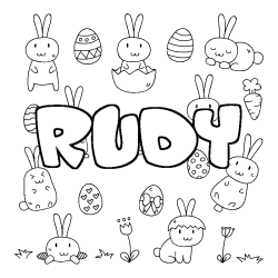 Coloriage pr&eacute;nom RUDY - d&eacute;cor Paques