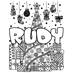 Coloriage prénom RUDY - décor Sapin et Cadeaux